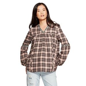 Knox Rose Plaid Long Sleeve Embroidered Popover